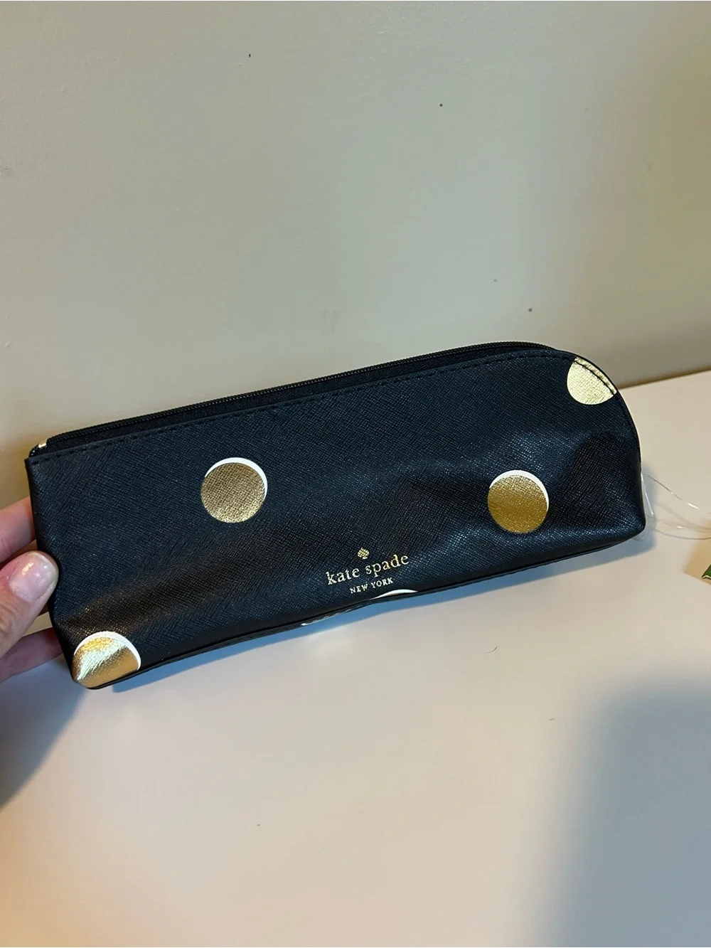 Kate Spade Black Pencil Pouch with Gold Polka Dots
